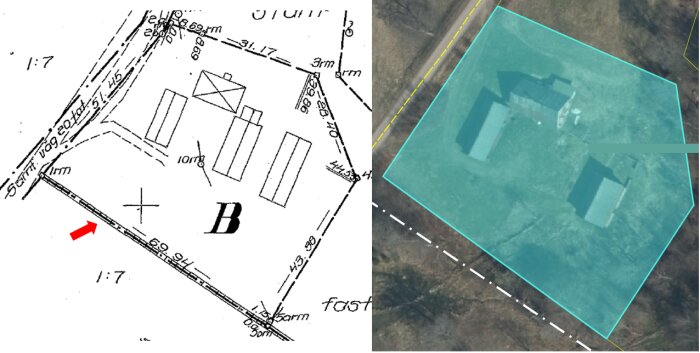 Gammal avstyckningsskiss med röd pil som markerar en dubbelritad linje. Bredvid: flygbild med vit streckad linje vid gammal stenmur.