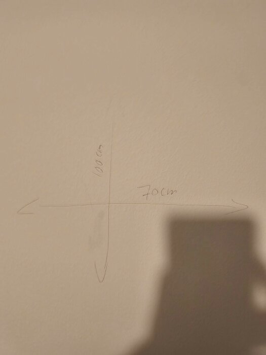 Blyertsteckning av utrymme på en vägg, mätt 100 cm högt och 70 cm brett, för planering av hyllor för klädförvaring.