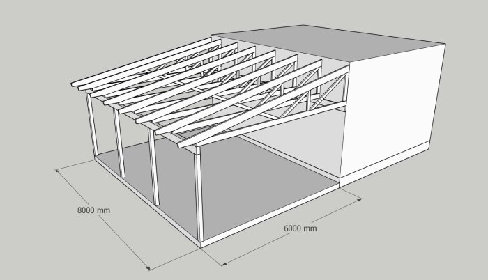 En skiss av ett byggprojekt med pulpettakstolar på en utbyggnad, mått markerade som 8000 mm x 6000 mm.