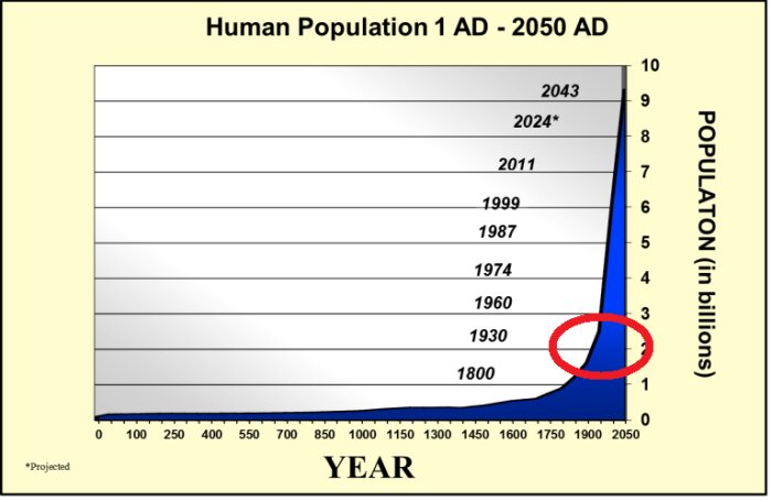 Graf som visar mänsklig befolkningsökning från år 1 e.Kr. till 2050 med snabb ökning efter år 1930 och projektioner fram till 2043.