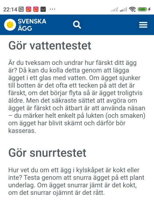 Text om att testa ägg med vattentest för att avgöra om de är färska och ätbara, tips från Svenska Ägg.