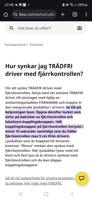 Manual för att synka IKEA TRÅDFRI driver med fjärrkontroll, inklusive steg för att öppna fjärrkontrollens baksida och kopplingsknappens funktion.