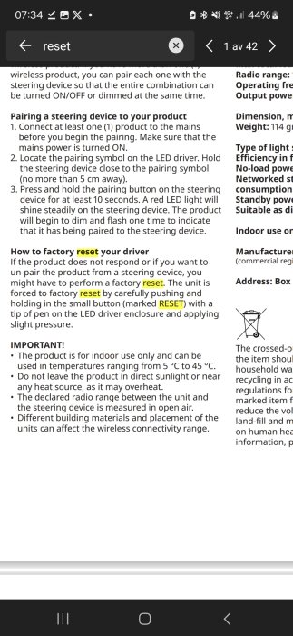 Manual för att återställa en styrenhet, inklusive steg för parkoppling och fabriksåterställning genom att använda reset-knappen.