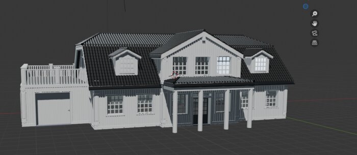 3D-rendering av ett tvåvåningshus med veranda, balkong och takfönster, skapad i Blender.
