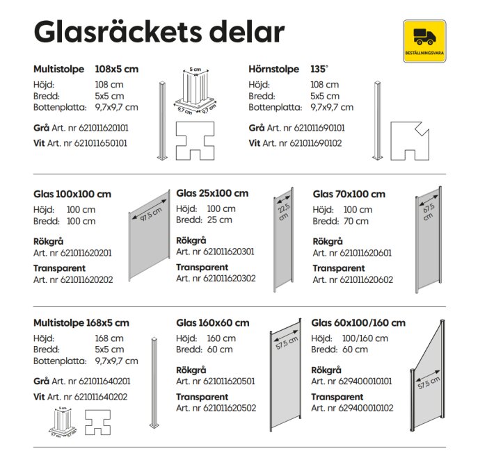 Illustration av glasräckets delar med olika specifikationer, inklusive glasruta storlek 100x100 cm, pärl- och multistoplar, samt färgval.