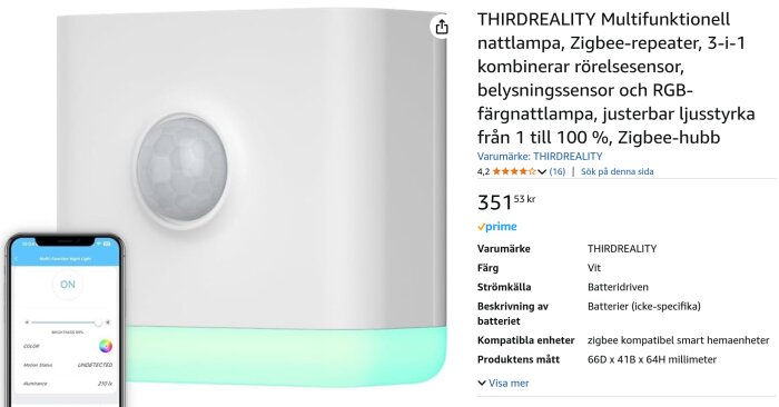 Multifunktionell nattlampa med rörelsesensor och RGB-färgfunktion från THIRDREALITY, visad med appkontroll på mobilskärm.