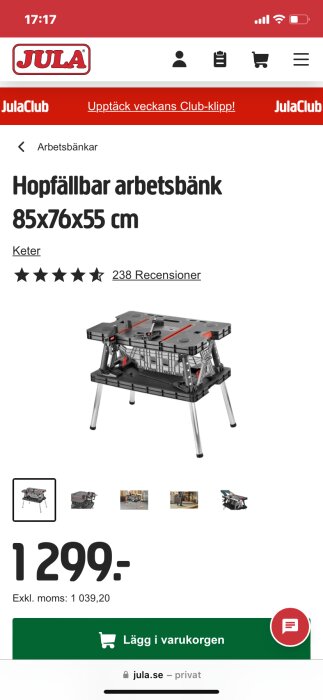 Hopfällbar arbetsbänk 85x76x55 cm från Keter på Jula med priset 1299 kr, uppskattad av köpare med höga betyg.