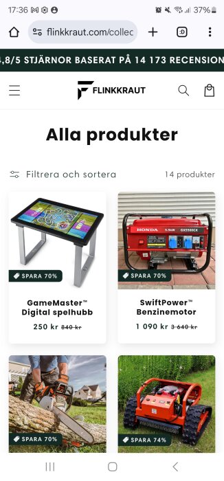 Flinkkraut webbplats med produkter som spelhubb och bensinmotor, recensioner 4,8/5, erbjudanden med upp till 74% rabatt.