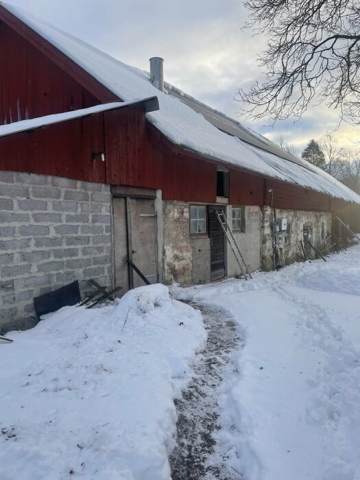 Ladugård med gammal puts och träpanel, vinterlandskap med snööverdragna tak; stege lutad mot väggen, förbereder för putsprojekt.