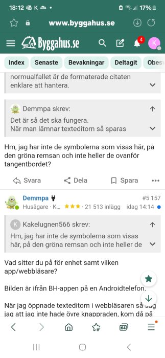 En skärmbild från byggforumet Byggahus.se på en Android-telefon som visar diskussioner med grön webbläsarram i Samsung internet.