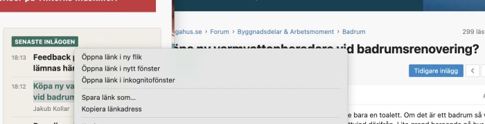 Menyval visas vid högerklick på senaste inläggen-rubrik på forumstartsidan, med alternativ som öppna länk i ny flik och kopiera länkadress.