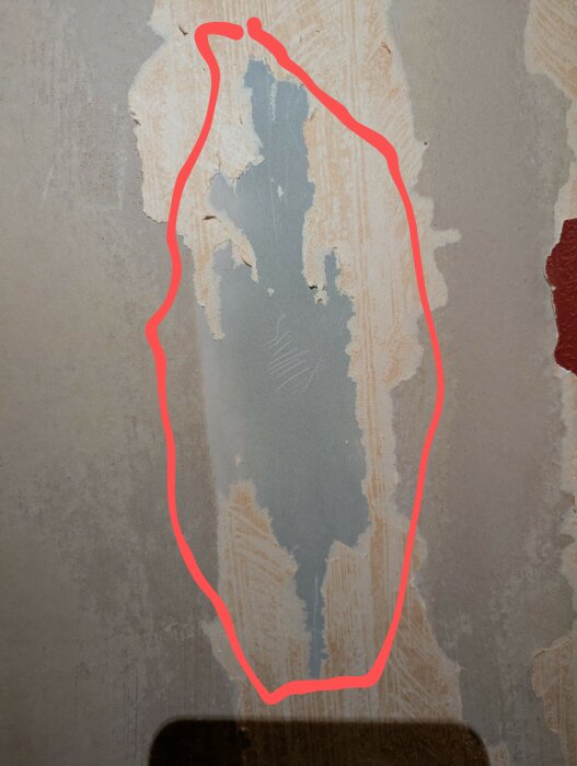 Vägg med avflagad färg och en markering runt ett område som misstänks vara mögel.
