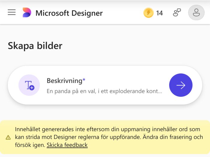 Skärmdump från Microsoft Designer som visar en felmeddelande om otillåtet språk och en panda på en val i en textbeskrivning.