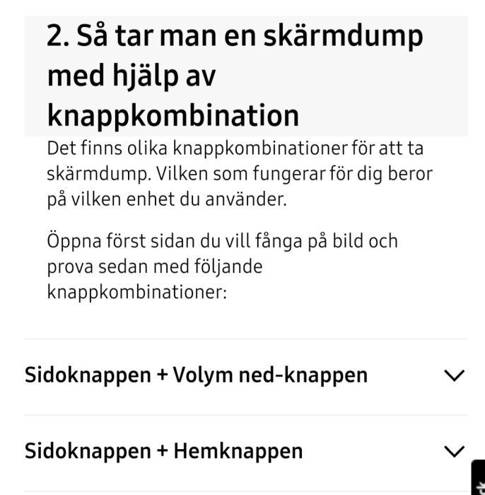 Instruktioner för att ta en skärmdump med knappkombinationer på Samsung-enheter, inklusive sidoknappen.