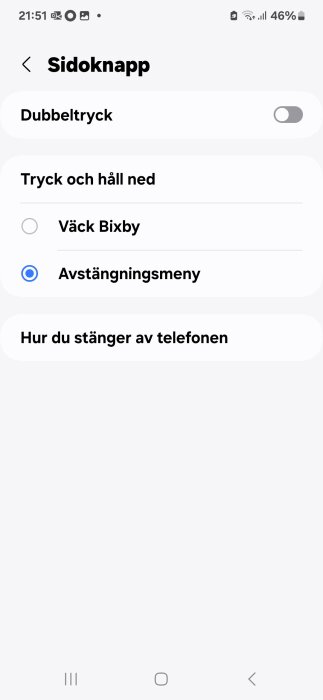 Skärmbild av inställningsmeny för sidoknapp på en smartphone, med alternativ för dubbeltryck och tryck och håll ned, markerad avstängningsmeny.