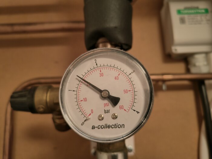 Manometer visar tryck i bar och psi, omgiven av kopparrör och enhet, troligen del av värmesystem.