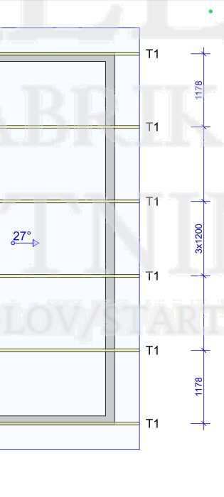 Ritning som visar takstolskonstruktion med varierande cc-mått, inklusive 1178 mm och tre gånger 1200 mm, samt en vinkel på 27 grader.