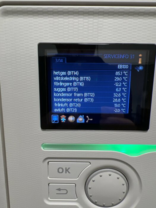 Kontrollpanel med olika temperaturdata som hetgas, vätskeledning och kondensor. Skärmen visar serviceinfo och knappar nedanför.