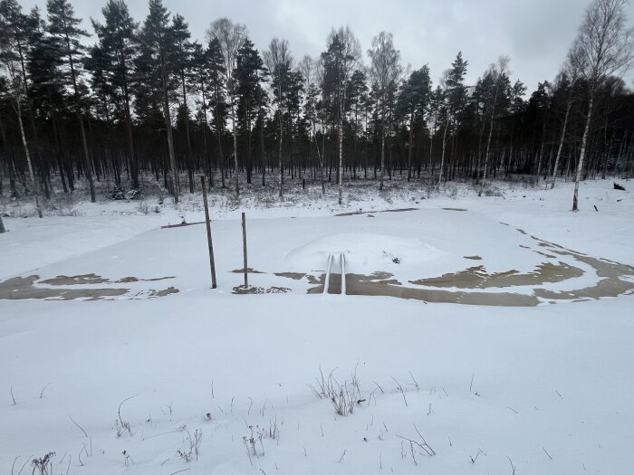 Snötäckt mark med två trästolpar och en platta i skogsmiljö under molnig himmel.