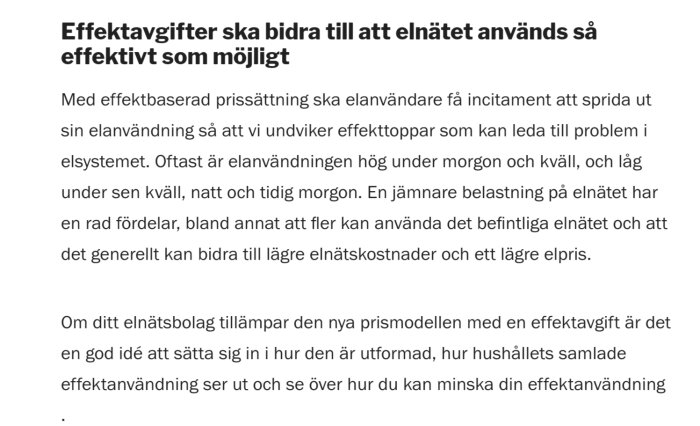 Text om effektavgifters betydelse för att jämna ut elanvändning och sänka elnätskostnader.