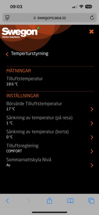 Skärmbild av Swegon-temperaturstyrning, visar inställningar och mätningar av tilluftstemperatur, börvärde och tilluftsreglering.