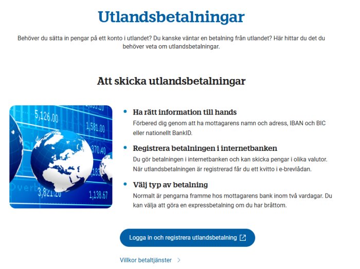 Text om utlandsbetalningar med bild av glober och siffror på skärmar.