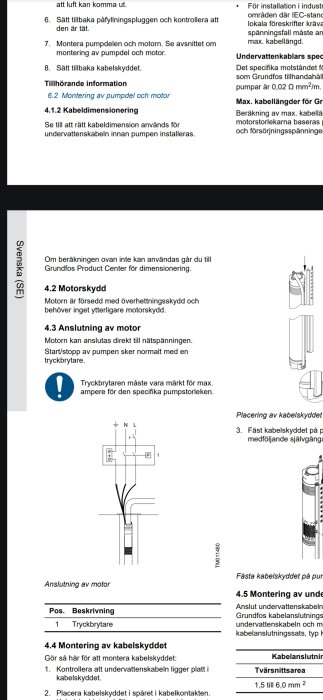 Bruksanvisningen visar steg för montering av motorskyd och anslutning av pumpmotor med illustrerade instruktioner.