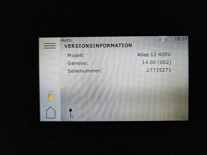 Skärm med versionsinformation för Thermia Atlas, modell Atlas 12 400V, med Genesis- och serienummer visas.