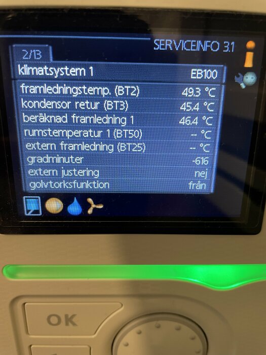 Värmepump Nibe F730s display med olika temperaturinställningar och status, inklusive framledningstemp på 49,3°C och kondensor retur på 45,4°C.