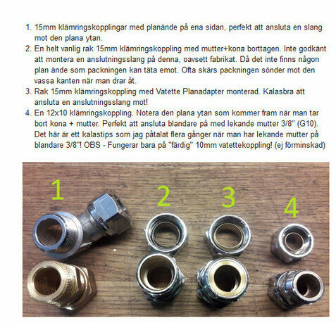 Fyra olika metallkopplingar med nummermarkeringar, inkluderar 10mm klämringskoppling och planadapter. Placeras på träbord, text med beskrivningar ovanför.