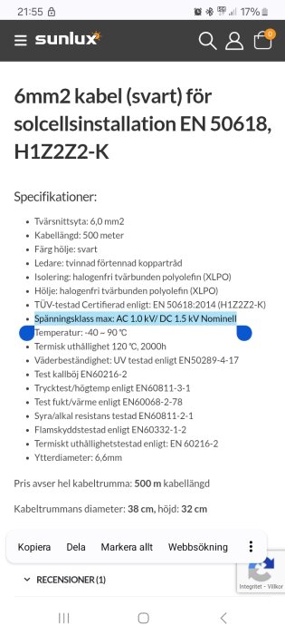 Produktinformation för 6mm2 solcellskabel från Sunlux, specifikationer inkluderar spänningsklass AC 1.0 kV, UV-skydd och temperaturtålighet.