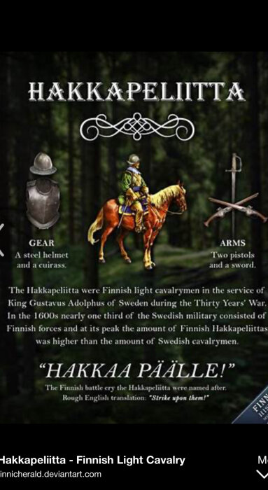 Hakkapeliitta, finsk lätt kavalleri, ryttare på häst i skog, med stålutrustning och vapen, historisk text om trettioåriga kriget.