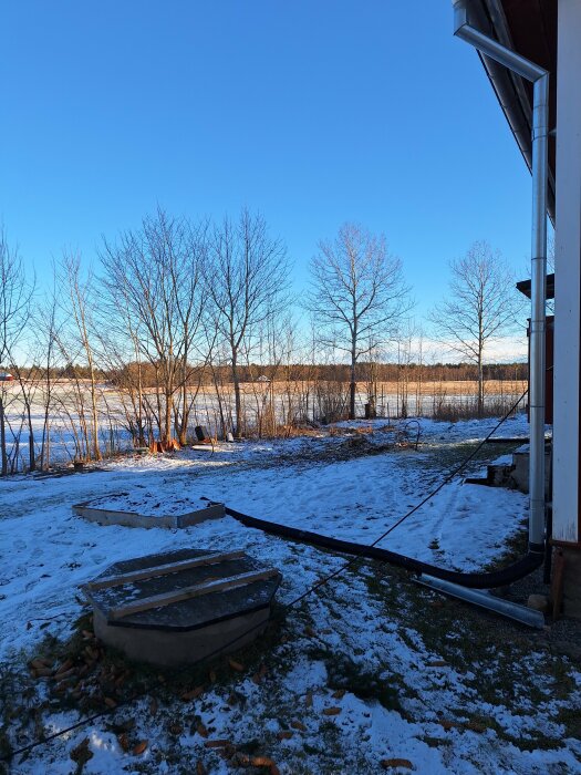 Snötäckt gårdsplan med nedtagna träd i bakgrunden inför tillbyggnad, solbelyst landskap och hus i bildens högra kant.