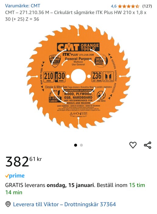Cirkulär sågklinga CMT ITK Plus med 36 tänder, diameter 210 mm, rekommenderas för trä, plywood, OSB och hård träboard, inte för metall.