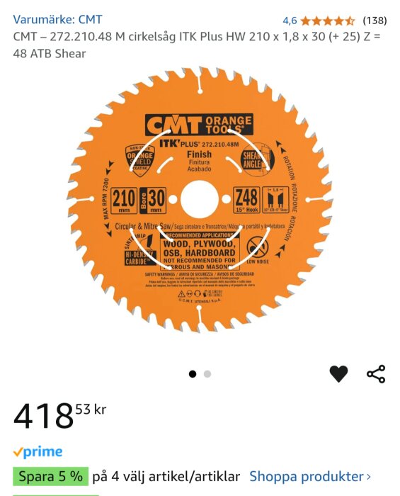 Cirkelsågklinga från CMT, ITK Plus 272.210.48M, med 48 tänder, diameter på 210 mm, orange färg. Anpassad för trä och plywood.