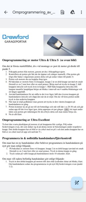 Instruktionsmanual för omprogrammering av garageportmotor med logotyp och bild på motor i övre högra hörnet.