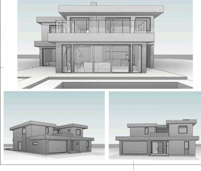 Preliminär ritning av ett modernt hus med stora fönster, platt tak och flera vinklar. Huset visas från flera perspektiv.