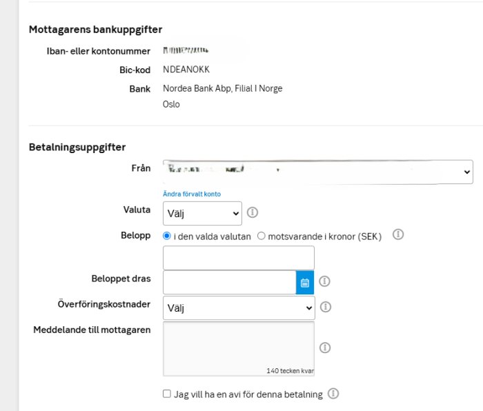 Formulär för mottagarens bankuppgifter och betalningsdetaljer på SEB:s webbsida.