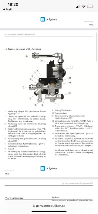 Översiktsbild av LK Fördelarshunt VS2 med numrerade komponenter, inklusive ventiler och pump från LK Systems.