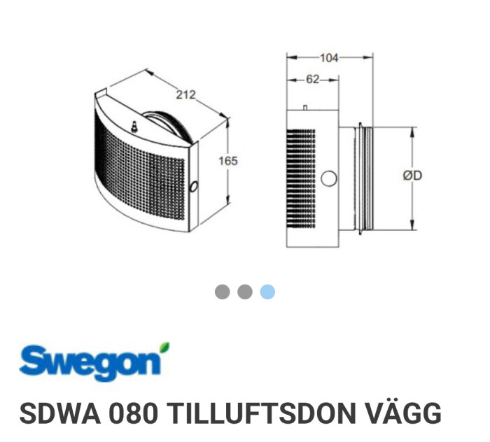 Ritning av Swegon SDWA 080 tilluftsdon för väggmontering, med måttangivelser på framsidan och sidan.