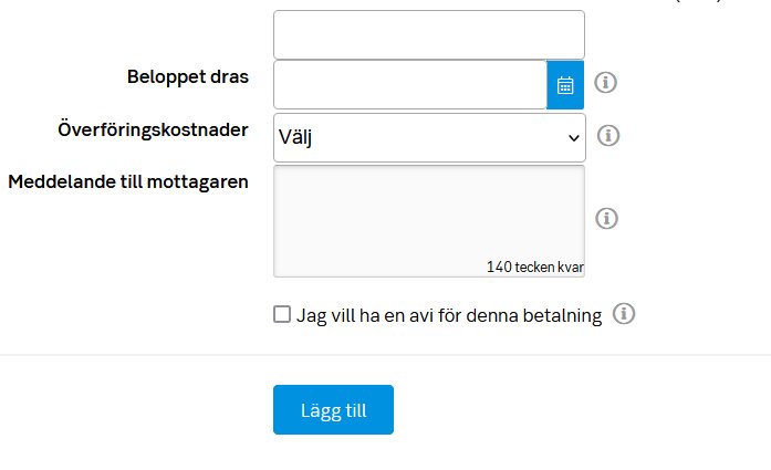 Formulär för betalningsöverföring med SEB med fält för belopp, överföringskostnader, meddelande och alternativ för avi, samt tilläggsknapp.