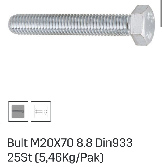 Gängad bult M20X70 med sexkantigt huvud, standard DIN933, i metall med industriell användning.