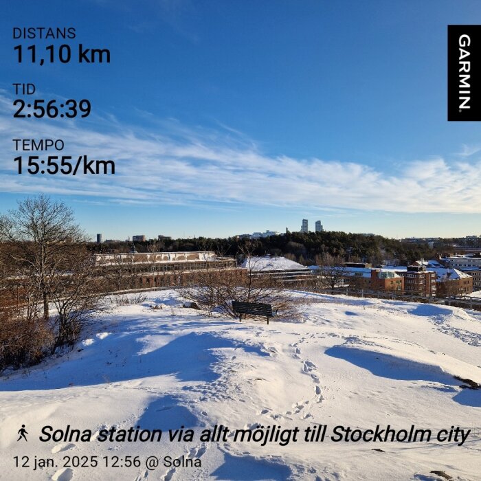 Snöigt landskap med vy över staden och en bänk i förgrunden. Garmin-data som visar distans 11,10 km, tid 2:56:39 och tempo 15:55/km.