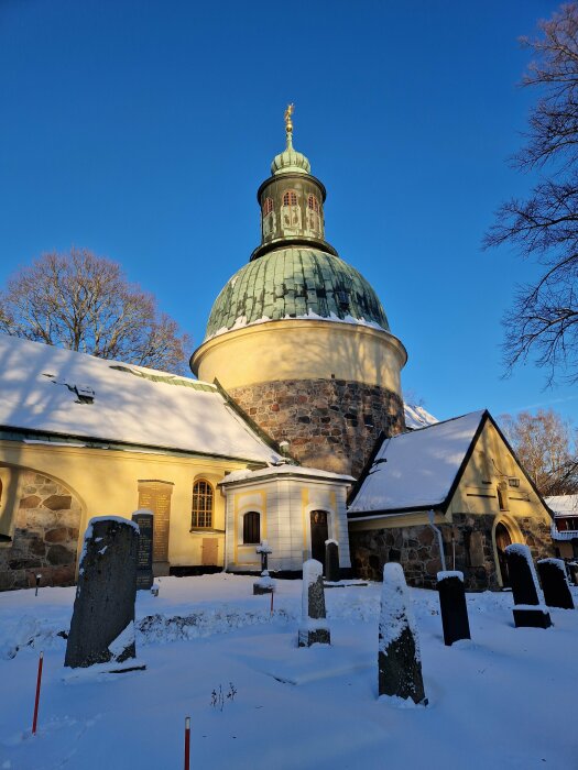 Kyrka med kupolformat tak i sten, omgiven av gravstenar täckta av snö, en solig vinterdag under en klarblå himmel.