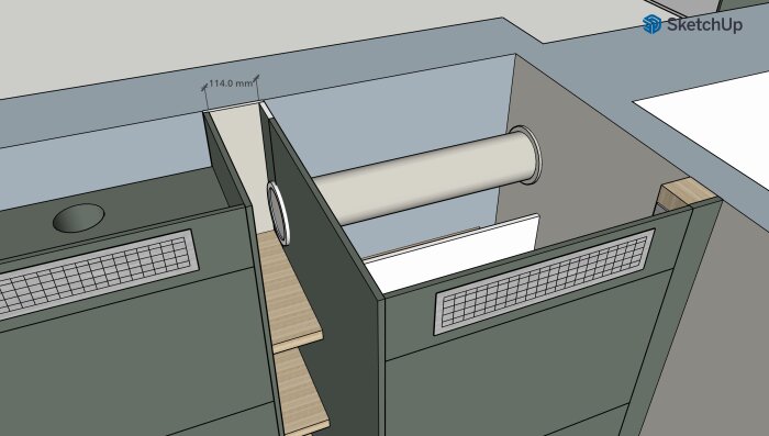 3D-ritning av vägg med monterat ventilationsrör och smalt utrymme på 114 mm mellan hyllor, relaterat till diskussion om förbättrat luftflöde och OVK-mätning.