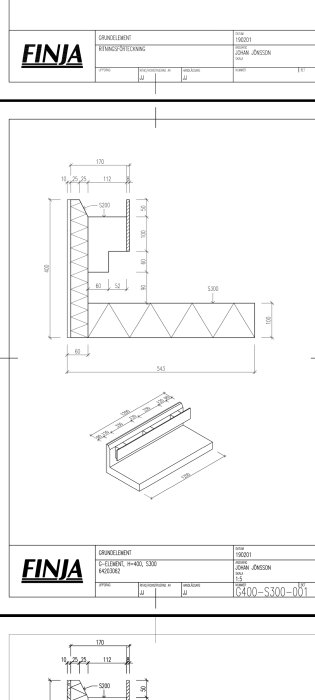 Teknisk ritning av Finja garagelement med specifika mått och sektioner, ritad av Johan Jönsson, för grundarbete av garage.