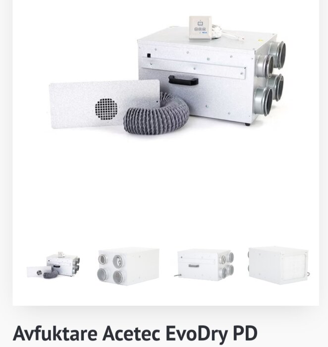 Acetec EvoDry PD sorptionsavfuktare med ventilationsöppningar och slang för fuktutsläpp, idealisk för klimatkontroll och energibesparing i byggnader.