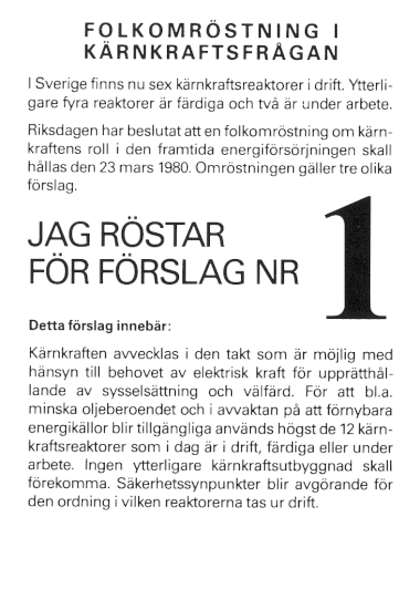 Folkomröstningsflygblad från 1980 om kärnkraft i Sverige, förslag 1 för avveckling av kärnkraften med hänsyn till elbehov och säkerhet.