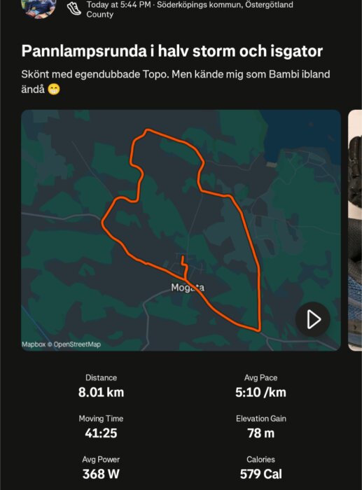 Karta med löprunda markerad i rött kring Mogata, Östergötland. Sträcka 8,01 km, tid 41:25, medelhastighet 5:10/km, höjdökning 78 m, kalorier 579.