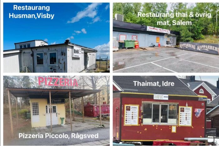 Fyra bilder av restauranger och matställen i Sverige: Restaurang Husman i Visby, Restaurang thai & övrig mat i Salem, Pizzeria Piccolo i Rågsved och Thaimat i Idre.